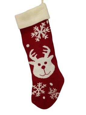 Red Knit Christmas Stocking With Reindeer & Snowflake Design - Holiday Decoratio